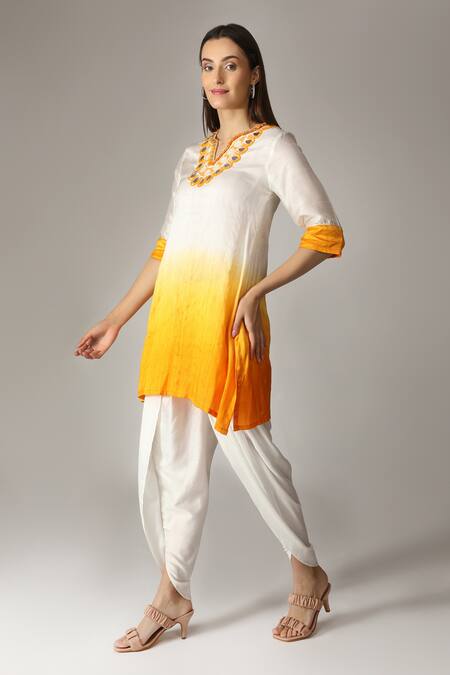 Aneehka_White 100% Slub Viscose Hand Embroidered Ombre Kurta And Dhoti Pant Set _Online_at_Aza_Fashions