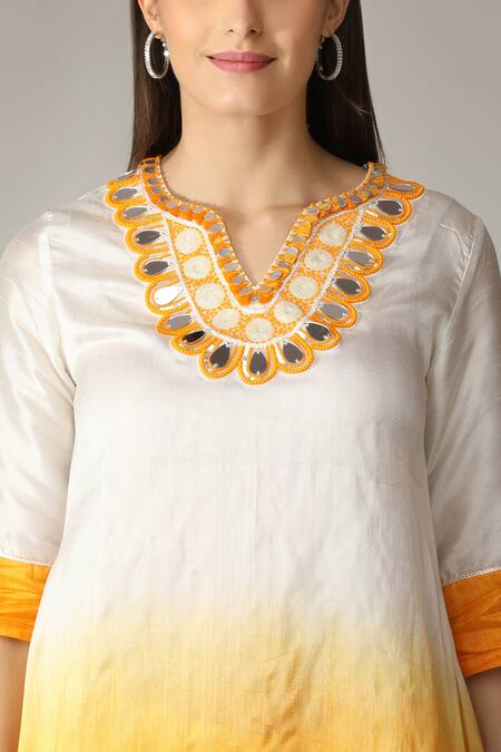 Buy_Aneehka_White 100% Slub Viscose Hand Embroidered Ombre Kurta And Dhoti Pant Set _Online_at_Aza_Fashions