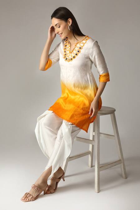 Shop_Aneehka_White 100% Slub Viscose Hand Embroidered Ombre Kurta And Dhoti Pant Set _Online_at_Aza_Fashions