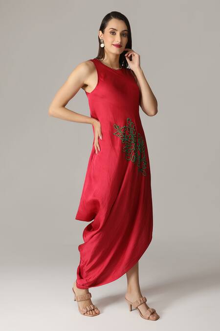 Aneehka_Red Viscose, Cotton Satin Embroidery Round Neck Cowl Draped Dress_Online_at_Aza_Fashions
