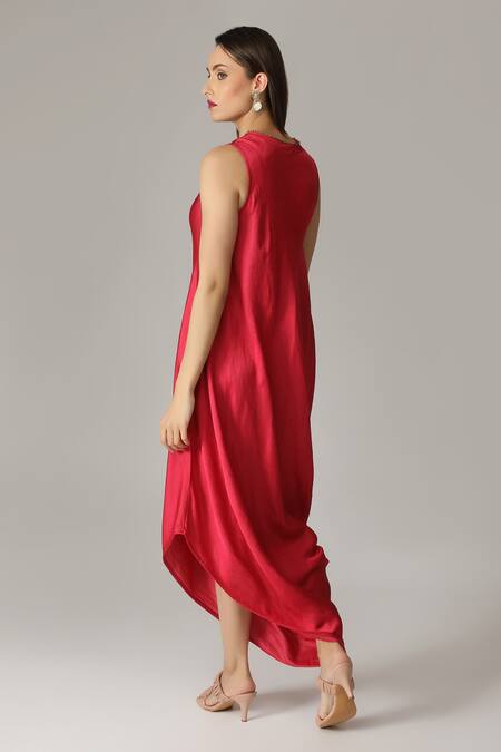 Buy_Aneehka_Red Viscose, Cotton Satin Embroidery Round Neck Cowl Draped Dress_Online_at_Aza_Fashions