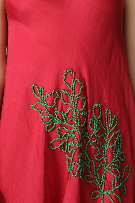 Shop_Aneehka_Red Viscose, Cotton Satin Embroidery Round Neck Cowl Draped Dress_Online_at_Aza_Fashions