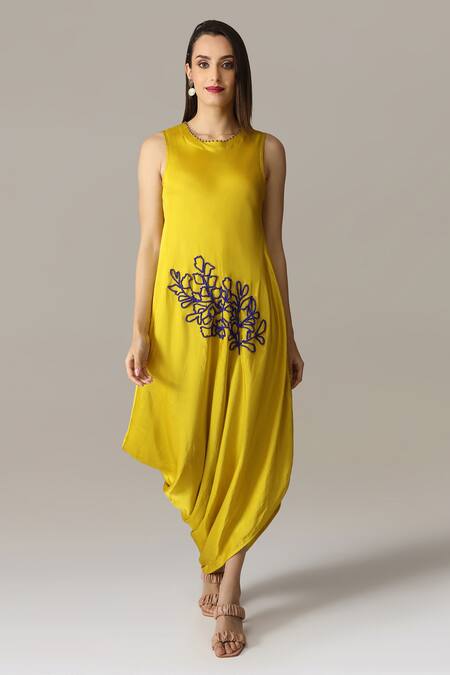 Aneehka_Yellow Viscose, Cotton Satin Beads Round Placement Floral Embroidered Dress_Online_at_Aza_Fashions