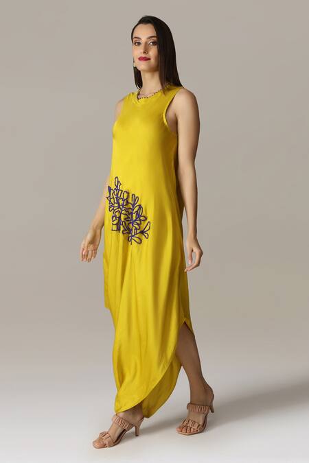 Buy_Aneehka_Yellow Viscose, Cotton Satin Beads Round Placement Floral Embroidered Dress_Online_at_Aza_Fashions