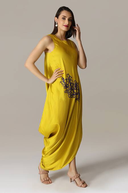 Shop_Aneehka_Yellow Viscose, Cotton Satin Beads Round Placement Floral Embroidered Dress_Online_at_Aza_Fashions