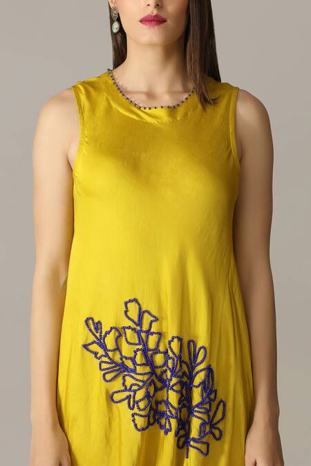 Aneehka_Yellow Viscose, Cotton Satin Beads Round Placement Floral Embroidered Dress_at_Aza_Fashions
