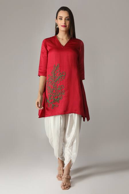 Aneehka_Red Cotton, Viscose Beads, Lace V-neck Short Kurta And Dhoti Pant Set_Online_at_Aza_Fashions