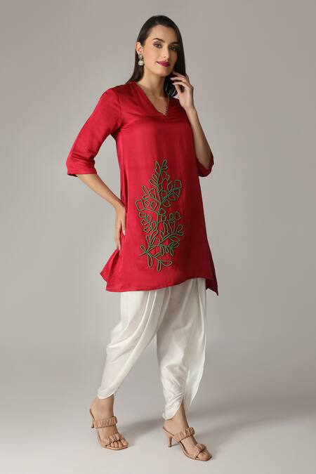 Buy_Aneehka_Red Cotton, Viscose Beads, Lace V-neck Short Kurta And Dhoti Pant Set_Online_at_Aza_Fashions