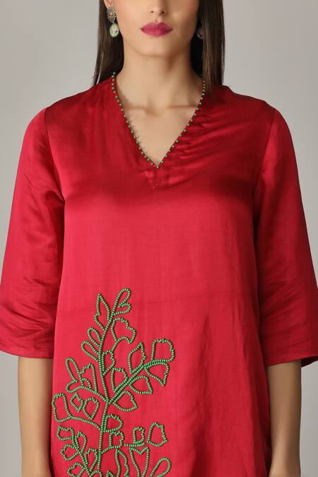 Shop_Aneehka_Red Cotton, Viscose Beads, Lace V-neck Short Kurta And Dhoti Pant Set_Online_at_Aza_Fashions