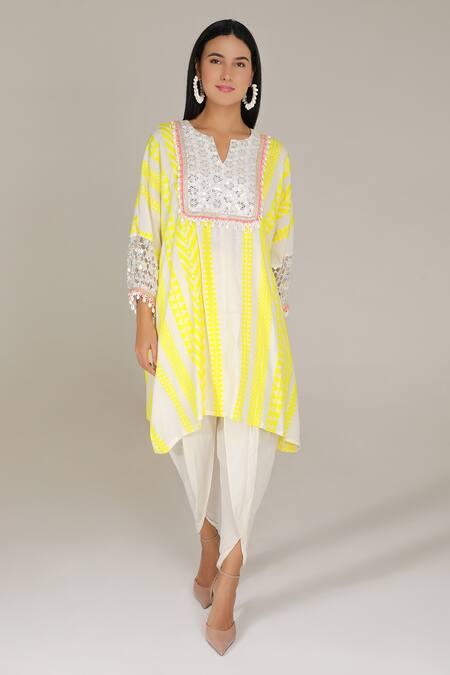 Aneehka_Yellow 100% Cotton Puff Sleeve Afghani Kurta And Dhoti Pant Set _Online_at_Aza_Fashions