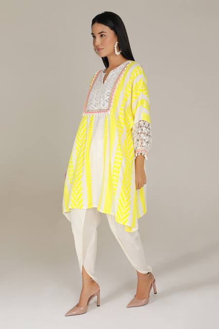 Buy_Aneehka_Yellow 100% Cotton Puff Sleeve Afghani Kurta And Dhoti Pant Set _Online_at_Aza_Fashions