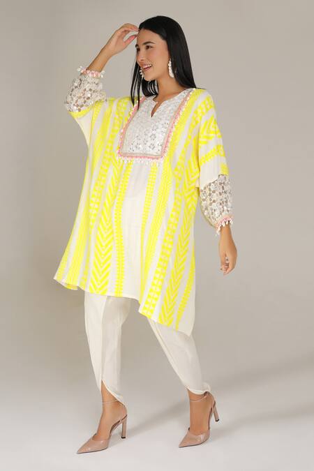 Shop_Aneehka_Yellow 100% Cotton Puff Sleeve Afghani Kurta And Dhoti Pant Set _Online_at_Aza_Fashions