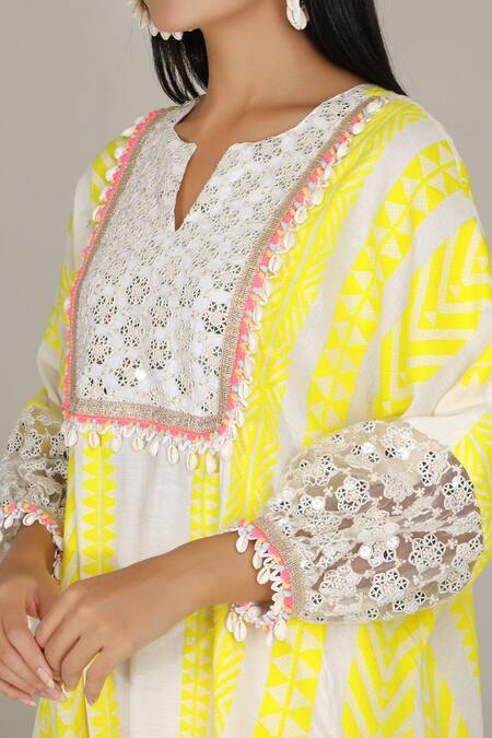 Aneehka_Yellow 100% Cotton Puff Sleeve Afghani Kurta And Dhoti Pant Set _at_Aza_Fashions