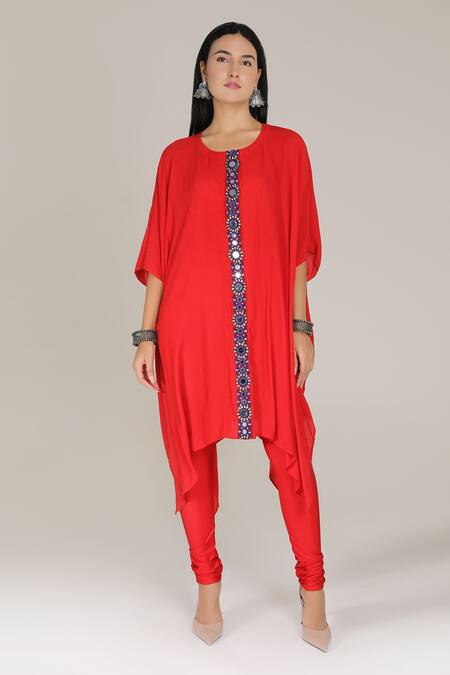 Aneehka_Red 100% Viscose Embroidered Mirror Round Neck Kaftan Kurta Set _Online_at_Aza_Fashions