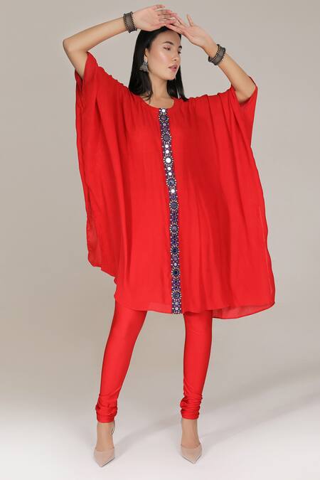 Buy_Aneehka_Red 100% Viscose Embroidered Mirror Round Neck Kaftan Kurta Set _Online_at_Aza_Fashions