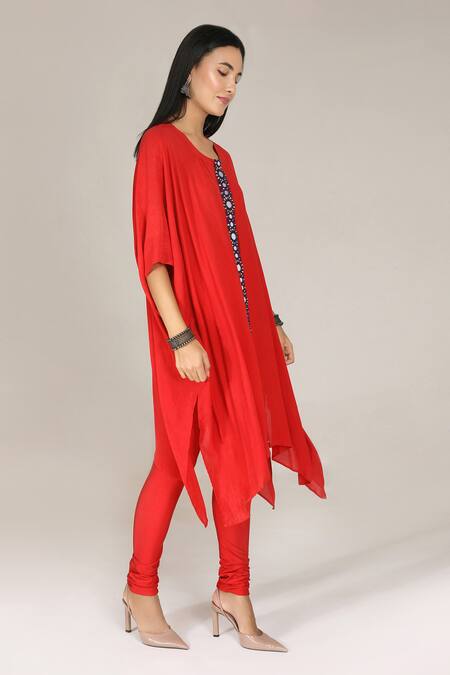 Shop_Aneehka_Red 100% Viscose Embroidered Mirror Round Neck Kaftan Kurta Set _Online_at_Aza_Fashions