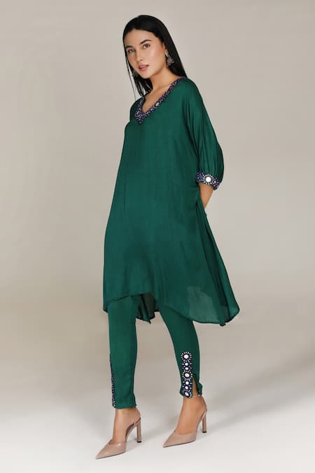 Shop_Aneehka_Green Crinkle Satin (100% Viscose) Afghani Kurta And Pant Set _Online_at_Aza_Fashions