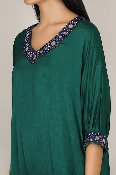 Aneehka_Green Crinkle Satin (100% Viscose) Afghani Kurta And Pant Set _at_Aza_Fashions