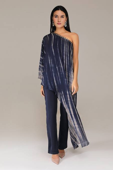 Aneehka_Blue Lycra, 100% Viscose Crystal Asymmetric Jumpsuit With Tie Dye Drape_Online_at_Aza_Fashions