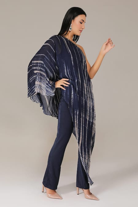 Buy_Aneehka_Blue Lycra, 100% Viscose Crystal Asymmetric Jumpsuit With Tie Dye Drape_Online_at_Aza_Fashions