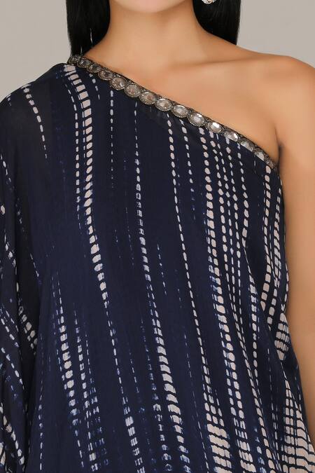 Shop_Aneehka_Blue Lycra, 100% Viscose Crystal Asymmetric Jumpsuit With Tie Dye Drape_Online_at_Aza_Fashions