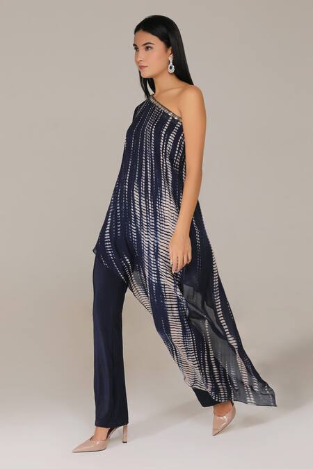 Aneehka_Blue Lycra, 100% Viscose Crystal Asymmetric Jumpsuit With Tie Dye Drape_at_Aza_Fashions