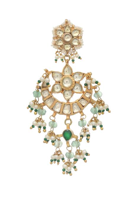 Maisara Jewelry Green Embroidery, Pearls Floral Shaped Earrings Online at Aza Fashions Maisara Jewelry_Green Embroidery, Pearls Floral Shaped Earrings _Online_at_Aza_Fashions