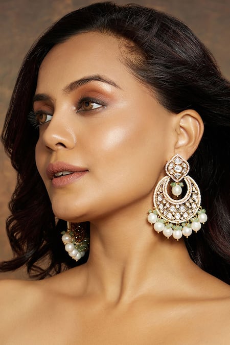 Joules by Radhika_Gold Plated Diamonds, Pearls, Stones Royal Kundan Polki Chandbali Earrings _Online_at_Aza_Fashions
