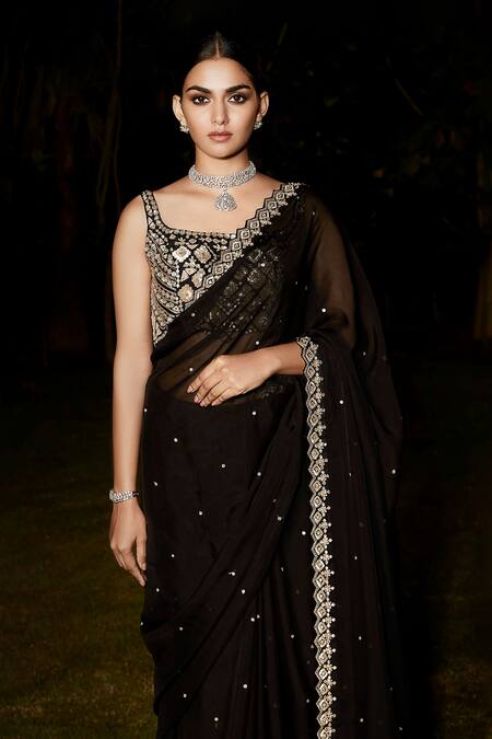 Shop_Matsya_Black Silk, Organza, Georgette Sequins, The Royal Noir Saree With Blouse _Online_at_Aza_Fashions