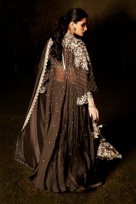 Shop_Matsya_Grey Silk Zari, Embroidery Scoop Neck The Royal Parisian Saree With Jacket _Online_at_Aza_Fashions