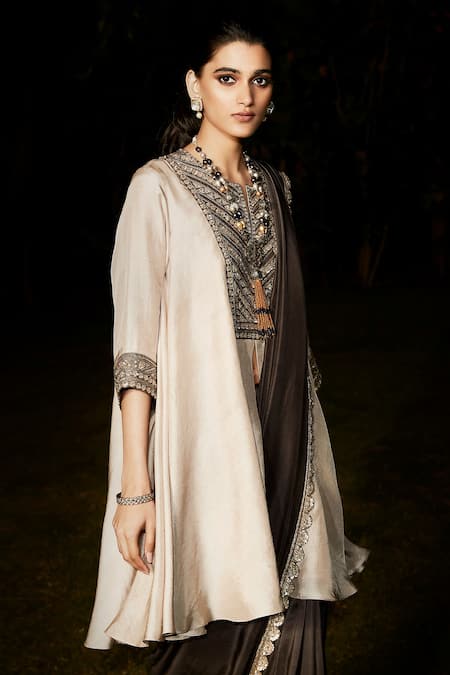 Matsya_Beige Silk Zari Asymmetric The Parsi Parisian Saree With Kurta _Online_at_Aza_Fashions