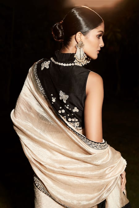 Shop_Matsya_Beige Tissue Tassels, Zari V-neck The Grand Athena Saree With Blouse _Online_at_Aza_Fashions