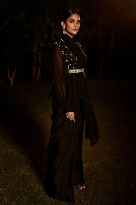 Matsya_Black Georgette, Organza Zari, The Midnight In Rome Pre-draped Saree With Blouse_Online_at_Aza_Fashions