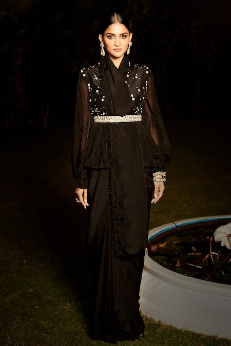 Buy_Matsya_Black Georgette, Organza Zari, The Midnight In Rome Pre-draped Saree With Blouse_Online_at_Aza_Fashions