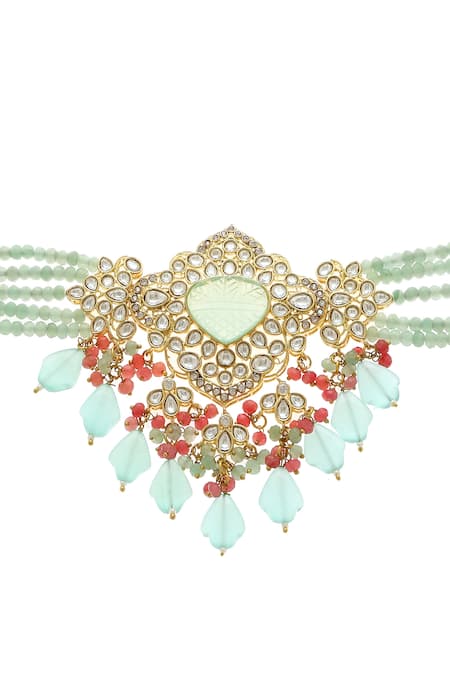 Minaki Green Diamonds, Beads, Stones Mughal Choker Necklace Set Online at Aza Fashions Minaki_Green Diamonds, Beads, Stones Mughal Choker Necklace Set_Online_at_Aza_Fashions