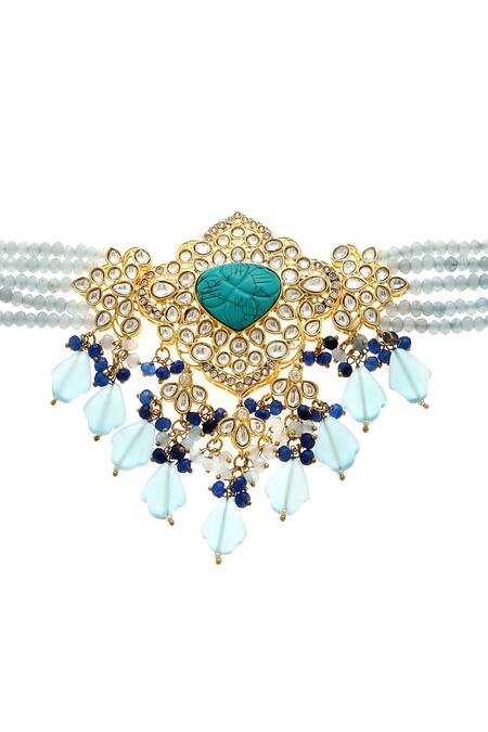 Minaki_Blue Beads, Diamonds Mughal Embellished Choker Necklace Set_Online_at_Aza_Fashions