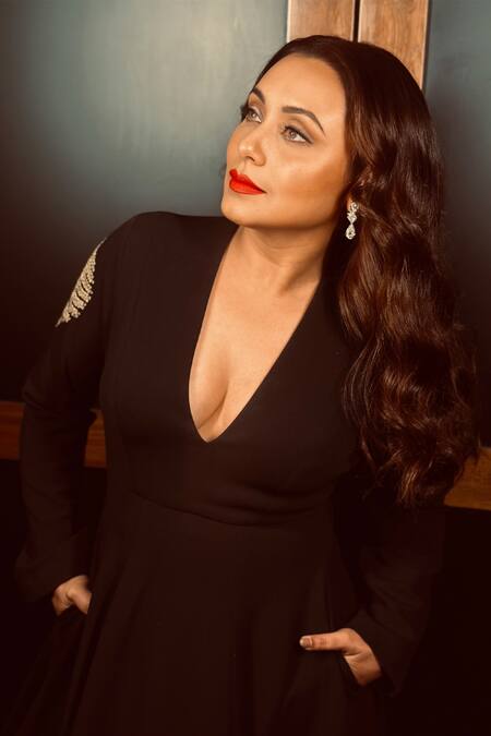 Masaba_Black Scuba Georgette Embellished Kashmiri Leaf Motif V Neck Gown_Online_at_Aza_Fashions