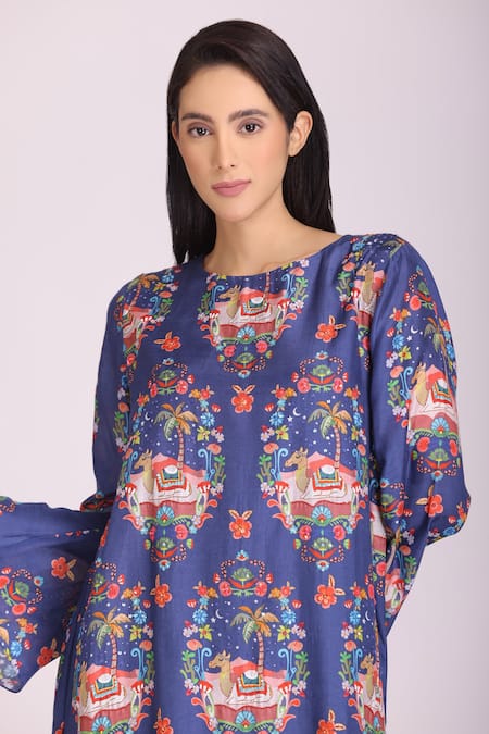 Alpona Designs By Soham Acharya_Blue Cotton Silk Animal Round And Floral Print Dress _Online_at_Aza_Fashions