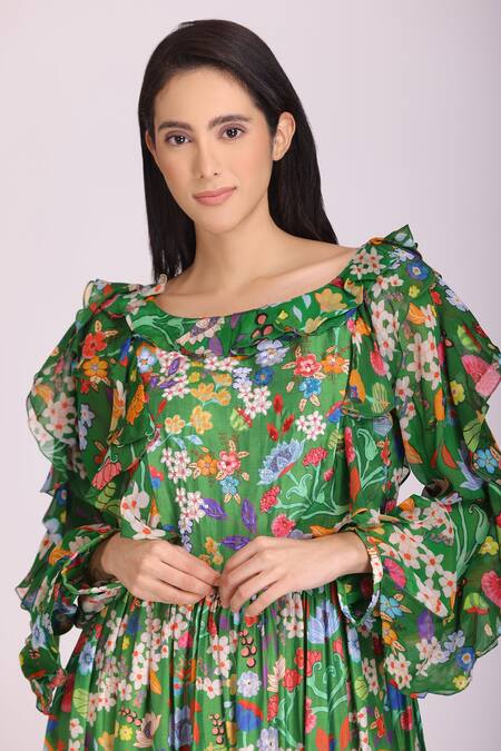 Alpona Designs By Soham Acharya_Green Cotton Silk Floral Boat Print Gown _Online_at_Aza_Fashions