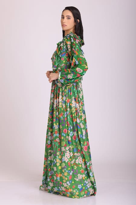 Buy_Alpona Designs By Soham Acharya_Green Cotton Silk Floral Boat Print Gown _Online_at_Aza_Fashions