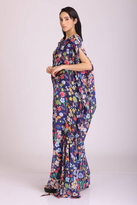 Buy_Alpona Designs By Soham Acharya_Blue Natural Crepe Floral Boat Print Neck Gown _Online_at_Aza_Fashions