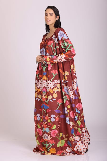 Buy_Alpona Designs By Soham Acharya_Brown Cotton Silk Floral Scoop Neck Print Gown _Online_at_Aza_Fashions