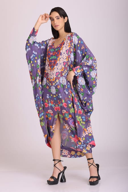 Buy_Alpona Designs By Soham Acharya_Purple Natural Crepe Floral V Neck Print Dress _Online_at_Aza_Fashions