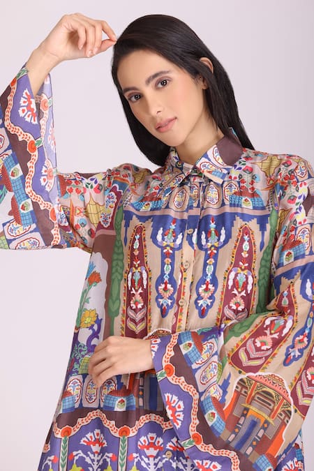 Alpona Designs By Soham Acharya_Multi Color Cotton Silk Palace Shirt Collar Print Dress _Online_at_Aza_Fashions