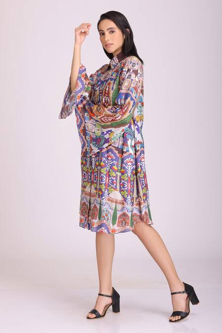 Buy_Alpona Designs By Soham Acharya_Multi Color Cotton Silk Palace Shirt Collar Print Dress _Online_at_Aza_Fashions