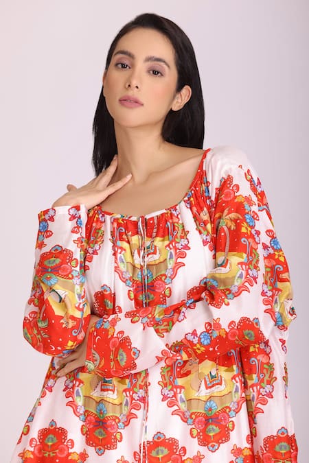 Alpona Designs By Soham Acharya_White Cotton Silk Floral Round Print Tunic And Palazzo Set _Online_at_Aza_Fashions