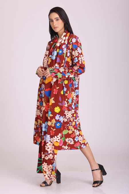 Buy Alpona Designs By Soham Acharya Brown Natural Crepe Floral Shawl Collar Print Dress Online at Aza Fashions Buy_Alpona Designs By Soham Acharya_Brown Natural Crepe Floral Shawl Collar Print Dress _Online_at_Aza_Fashions