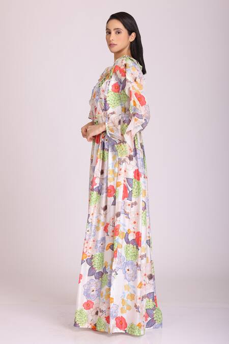 Buy_Alpona Designs By Soham Acharya_White Cotton Silk Floral Boat Printed Neck Gown _Online_at_Aza_Fashions