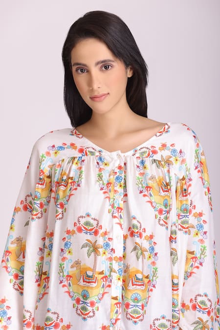 Alpona Designs By Soham Acharya_White Cotton Silk Animal V Neck Camel Print Top _Online_at_Aza_Fashions