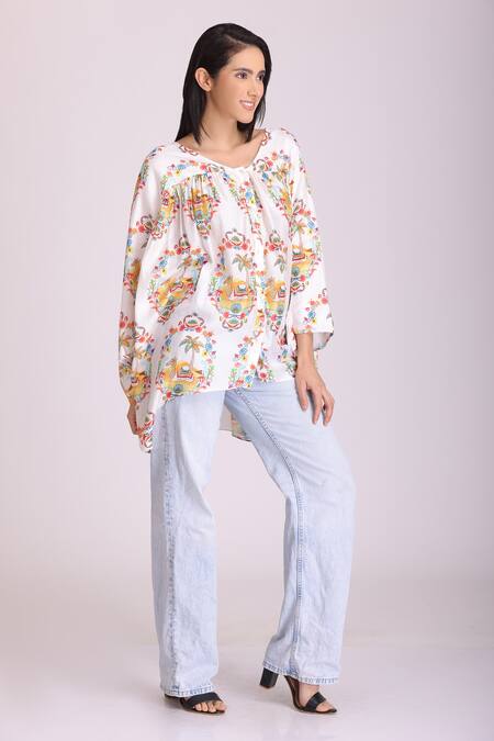 Buy_Alpona Designs By Soham Acharya_White Cotton Silk Animal V Neck Camel Print Top _Online_at_Aza_Fashions